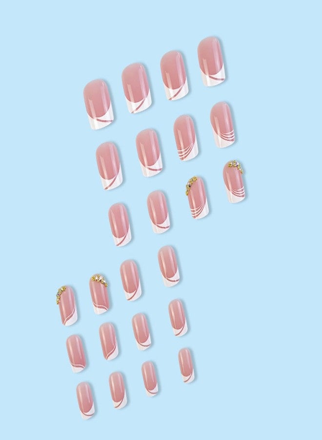 ASONRL 24 Pcs Acrylic Press on Nails, ASONRL Short Medium Square French White Edge Pink Fake Nails with Gold Rhinestones, Glue on Nails Reusable False Nails for Women, French- Gold Diamond Square - Image 3